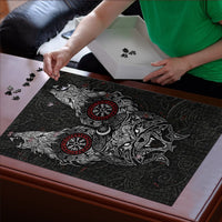 Fenrir Wolf and Vegvisir Viking Puzzle Nordic Celtic Knotwork Black and Red Tribal Art