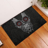 Fenrir Wolf and Vegvisir Viking Rubber Doormat Nordic Celtic Knotwork Black and Red Tribal Art