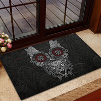 Fenrir Wolf and Vegvisir Viking Rubber Doormat Nordic Celtic Knotwork Black and Red Tribal Art