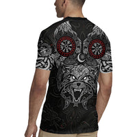Fenrir Wolf and Vegvisir Viking Rugby Jersey Nordic Celtic Knotwork Black and Red Tribal Art