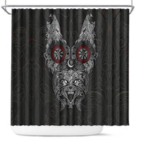 Fenrir Wolf and Vegvisir Viking Shower Curtain Nordic Celtic Knotwork Black and Red Tribal Art