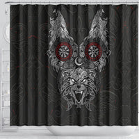 Fenrir Wolf and Vegvisir Viking Shower Curtain Nordic Celtic Knotwork Black and Red Tribal Art