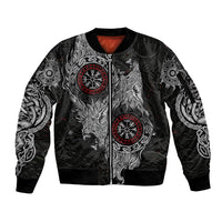 Fenrir Wolf and Vegvisir Viking Sleeve Zip Bomber Jacket Nordic Celtic Knotwork Black and Red Tribal Art