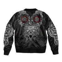 Fenrir Wolf and Vegvisir Viking Sleeve Zip Bomber Jacket Nordic Celtic Knotwork Black and Red Tribal Art