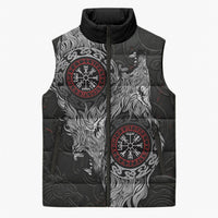 Fenrir Wolf and Vegvisir Viking Sleeveless Puffer Jacket Nordic Celtic Knotwork Black and Red Tribal Art