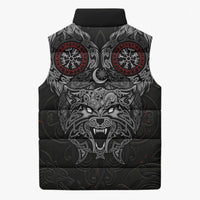 Fenrir Wolf and Vegvisir Viking Sleeveless Puffer Jacket Nordic Celtic Knotwork Black and Red Tribal Art