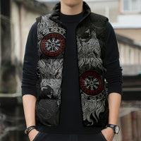 Fenrir Wolf and Vegvisir Viking Sleeveless Puffer Jacket Nordic Celtic Knotwork Black and Red Tribal Art