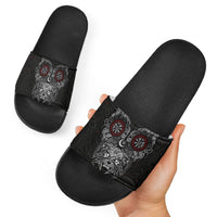 Fenrir Wolf and Vegvisir Viking Slide Sandals Nordic Celtic Knotwork Black and Red Tribal Art