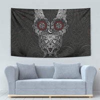 Fenrir Wolf and Vegvisir Viking Tapestry Nordic Celtic Knotwork Black and Red Tribal Art