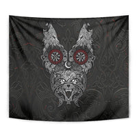 Fenrir Wolf and Vegvisir Viking Tapestry Nordic Celtic Knotwork Black and Red Tribal Art