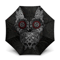 Fenrir Wolf and Vegvisir Viking Umbrella Nordic Celtic Knotwork Black and Red Tribal Art