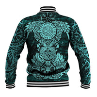 Valknut Ravens and Vegvisir Helm of Awe Baseball Jacket Viking Nordic Celtic Knotwork Turquoise Runic Art