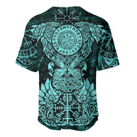 Valknut Ravens and Vegvisir Helm of Awe Baseball Jersey Viking Nordic Celtic Knotwork Turquoise Runic Art