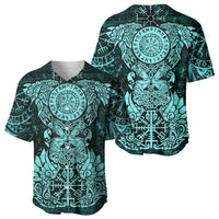 Valknut Ravens and Vegvisir Helm of Awe Baseball Jersey Viking Nordic Celtic Knotwork Turquoise Runic Art