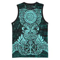 Valknut Ravens and Vegvisir Helm of Awe Basketball Jersey Viking Nordic Celtic Knotwork Turquoise Runic Art