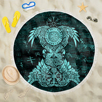 Valknut Ravens and Vegvisir Helm of Awe Beach Blanket Viking Nordic Celtic Knotwork Turquoise Runic Art