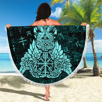 Valknut Ravens and Vegvisir Helm of Awe Beach Blanket Viking Nordic Celtic Knotwork Turquoise Runic Art