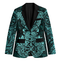Valknut Ravens and Vegvisir Helm of Awe Blazer Viking Nordic Celtic Knotwork Turquoise Runic Art
