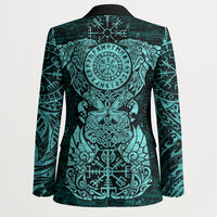 Valknut Ravens and Vegvisir Helm of Awe Blazer Viking Nordic Celtic Knotwork Turquoise Runic Art