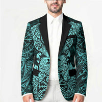 Valknut Ravens and Vegvisir Helm of Awe Blazer Viking Nordic Celtic Knotwork Turquoise Runic Art