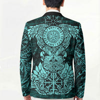 Valknut Ravens and Vegvisir Helm of Awe Blazer Viking Nordic Celtic Knotwork Turquoise Runic Art