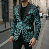 Valknut Ravens and Vegvisir Helm of Awe Blazer Viking Nordic Celtic Knotwork Turquoise Runic Art