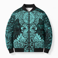 Valknut Ravens and Vegvisir Helm of Awe Bomber Puffer Jacket Viking Nordic Celtic Knotwork Turquoise Runic Art