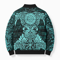 Valknut Ravens and Vegvisir Helm of Awe Bomber Puffer Jacket Viking Nordic Celtic Knotwork Turquoise Runic Art