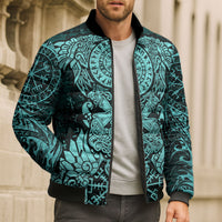 Valknut Ravens and Vegvisir Helm of Awe Bomber Puffer Jacket Viking Nordic Celtic Knotwork Turquoise Runic Art