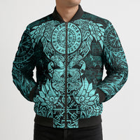Valknut Ravens and Vegvisir Helm of Awe Bomber Puffer Jacket Viking Nordic Celtic Knotwork Turquoise Runic Art