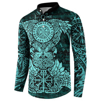 Valknut Ravens and Vegvisir Helm of Awe Button Sweatshirt Viking Nordic Celtic Knotwork Turquoise Runic Art