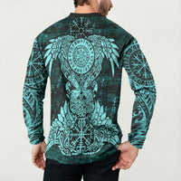 Valknut Ravens and Vegvisir Helm of Awe Button Sweatshirt Viking Nordic Celtic Knotwork Turquoise Runic Art