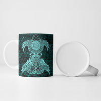 Valknut Ravens and Vegvisir Helm of Awe Ceramic Mug Viking Nordic Celtic Knotwork Turquoise Runic Art