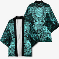 Valknut Ravens and Vegvisir Helm of Awe Kimono Viking Nordic Celtic Knotwork Turquoise Runic Art