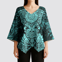 Valknut Ravens and Vegvisir Helm of Awe Kimono Sleeve Blouse Viking Nordic Celtic Knotwork Turquoise Runic Art