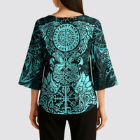 Valknut Ravens and Vegvisir Helm of Awe Kimono Sleeve Blouse Viking Nordic Celtic Knotwork Turquoise Runic Art