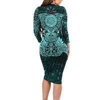 Valknut Ravens and Vegvisir Helm of Awe Long Sleeve Bodycon Dress Viking Nordic Celtic Knotwork Turquoise Runic Art