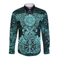Valknut Ravens and Vegvisir Helm of Awe Long Sleeve Button Shirt Viking Nordic Celtic Knotwork Turquoise Runic Art