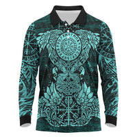Valknut Ravens and Vegvisir Helm of Awe Long Sleeve Polo Shirt Viking Nordic Celtic Knotwork Turquoise Runic Art