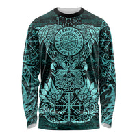 Valknut Ravens and Vegvisir Helm of Awe Long Sleeve Shirt Viking Nordic Celtic Knotwork Turquoise Runic Art