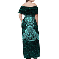 Valknut Ravens and Vegvisir Helm of Awe Off Shoulder Maxi Dress Viking Nordic Celtic Knotwork Turquoise Runic Art