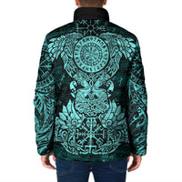 Valknut Ravens and Vegvisir Helm of Awe Padded Jacket Viking Nordic Celtic Knotwork Turquoise Runic Art