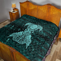 Valknut Ravens and Vegvisir Helm of Awe Quilt Viking Nordic Celtic Knotwork Turquoise Runic Art