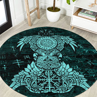 Valknut Ravens and Vegvisir Helm of Awe Round Carpet Viking Nordic Celtic Knotwork Turquoise Runic Art