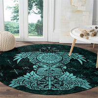 Valknut Ravens and Vegvisir Helm of Awe Round Carpet Viking Nordic Celtic Knotwork Turquoise Runic Art