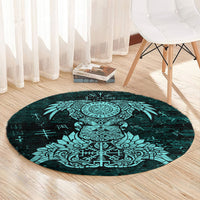 Valknut Ravens and Vegvisir Helm of Awe Round Carpet Viking Nordic Celtic Knotwork Turquoise Runic Art