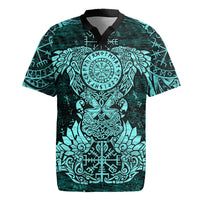 Valknut Ravens and Vegvisir Helm of Awe Rugby Jersey Viking Nordic Celtic Knotwork Turquoise Runic Art