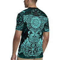 Valknut Ravens and Vegvisir Helm of Awe Rugby Jersey Viking Nordic Celtic Knotwork Turquoise Runic Art