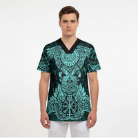 Valknut Ravens and Vegvisir Helm of Awe Scrub Top Viking Nordic Celtic Knotwork Turquoise Runic Art