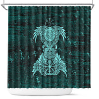 Valknut Ravens and Vegvisir Helm of Awe Shower Curtain Viking Nordic Celtic Knotwork Turquoise Runic Art